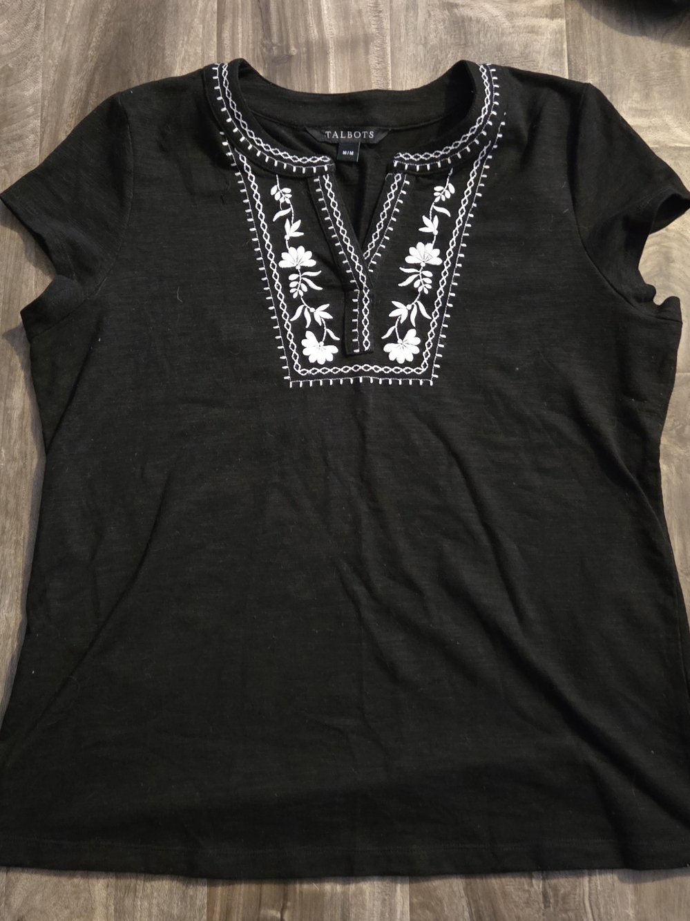 Talbots Black Short-Sleeve V-Neck Top with White Floral Embroidery